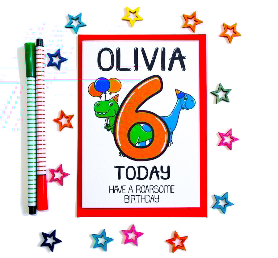 Personalisable Birthday card 6 Today Have A Roarsome Birthday cute dinosaurs