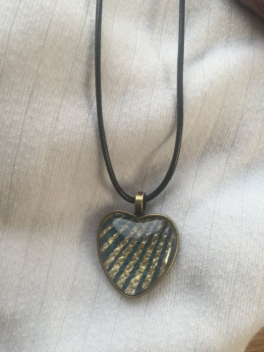Art Deco Style Bronze Colour Heart Cabochon Effect Pendant With Cord Necklace