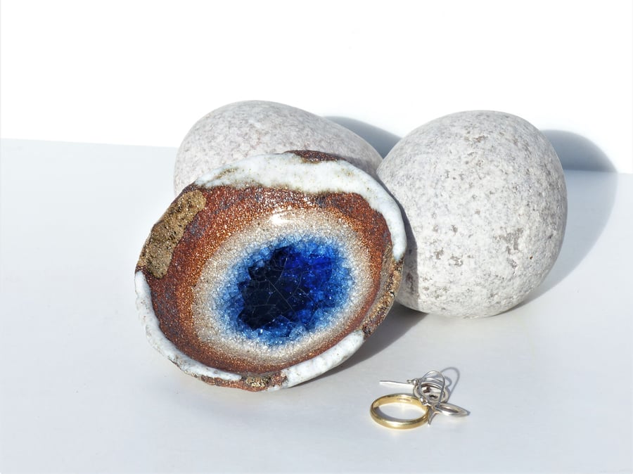  9cm INK BLUE GLASS POOL - Ceramic pottery Ring dish. UK Wedding Jewellery