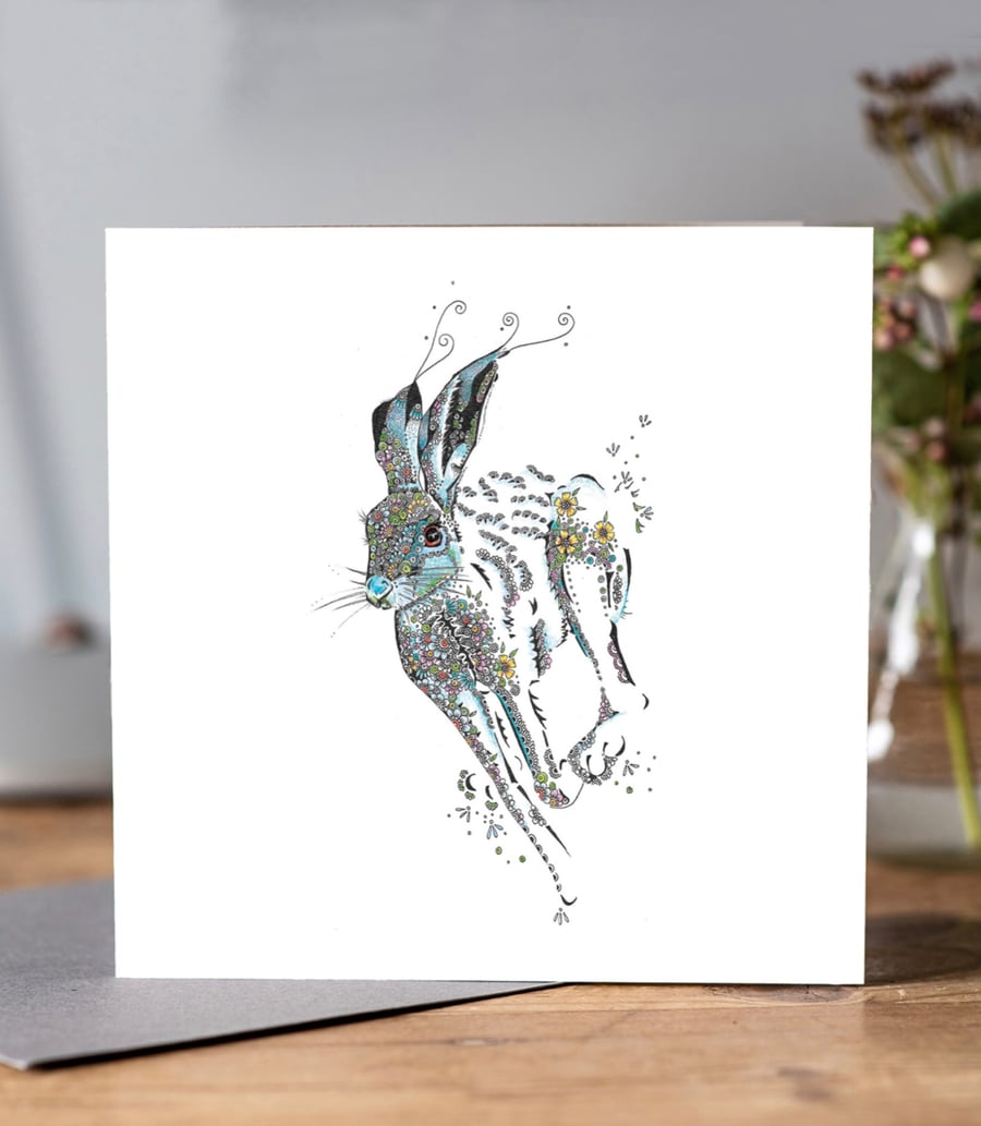 Floral Running Hare Greeting card 
