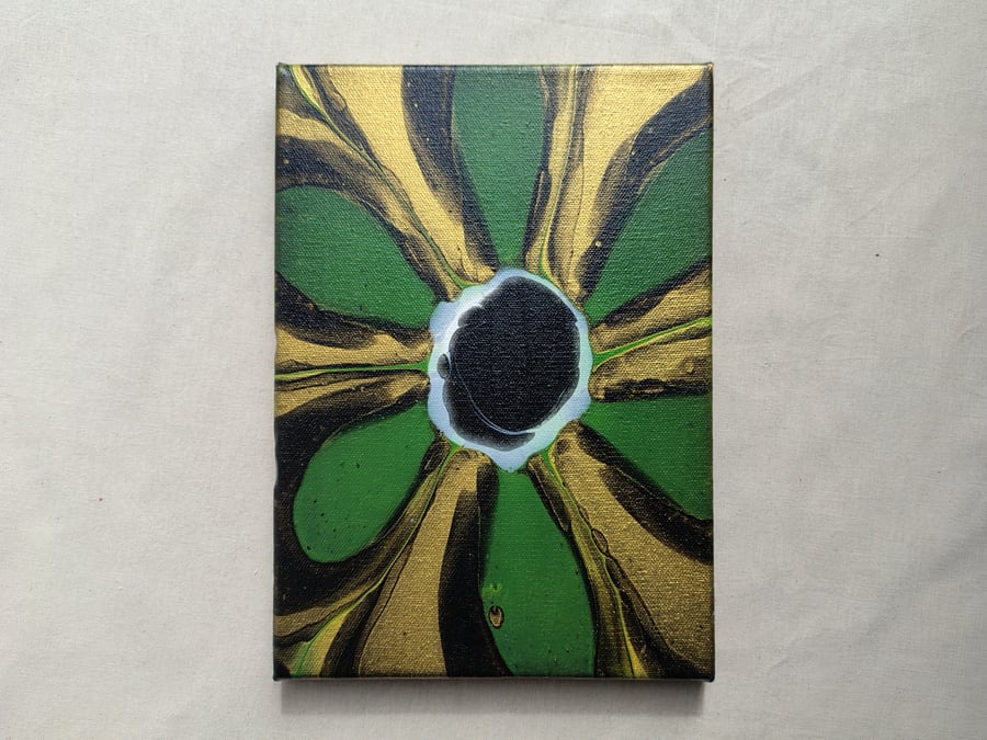 Acrylic Pour Art Canvas, Wall Art -Green, Black, Gold and White Colour Scheme