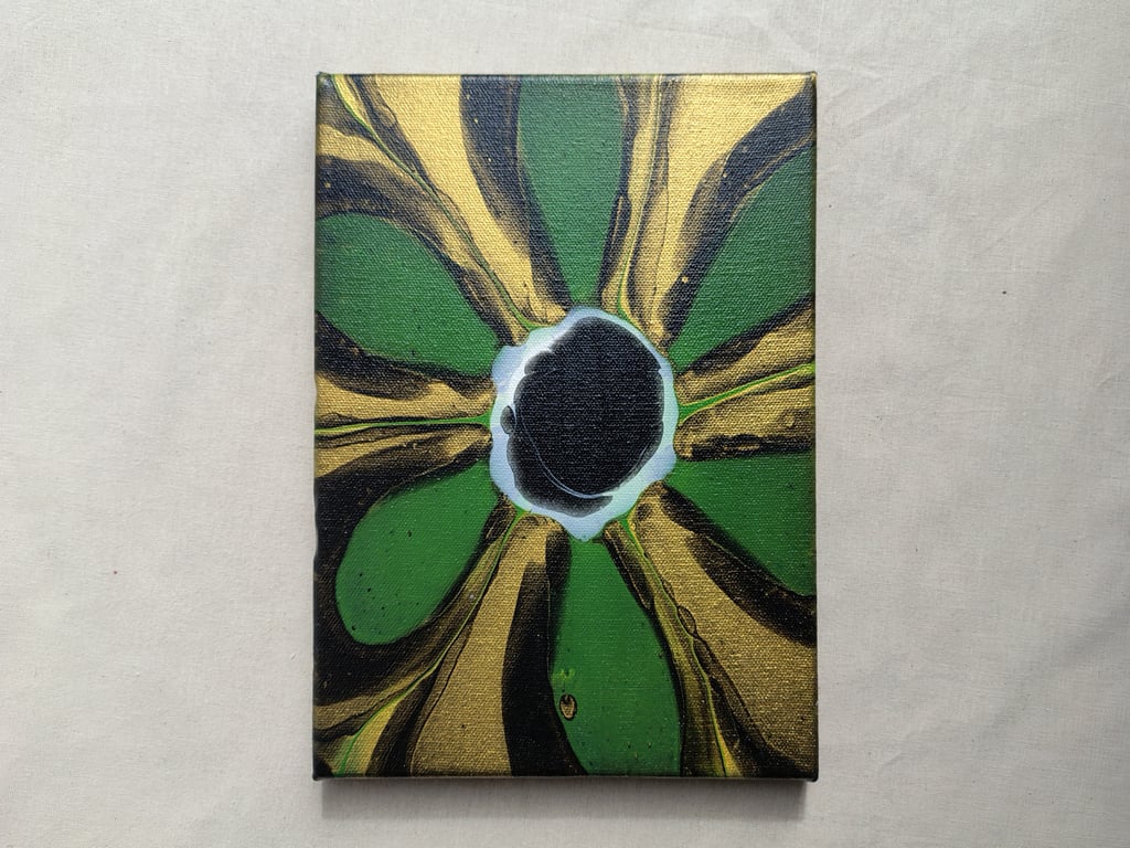 Acrylic Pour Art Canvas, Wall Art -Green, Black, Gold and White Colour Scheme