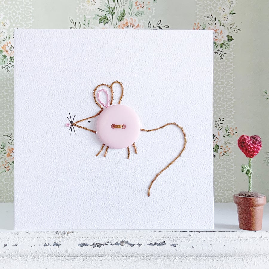 Hand Sewn Card. Mouse Card. Embroidered Card. Button Card. Mice.