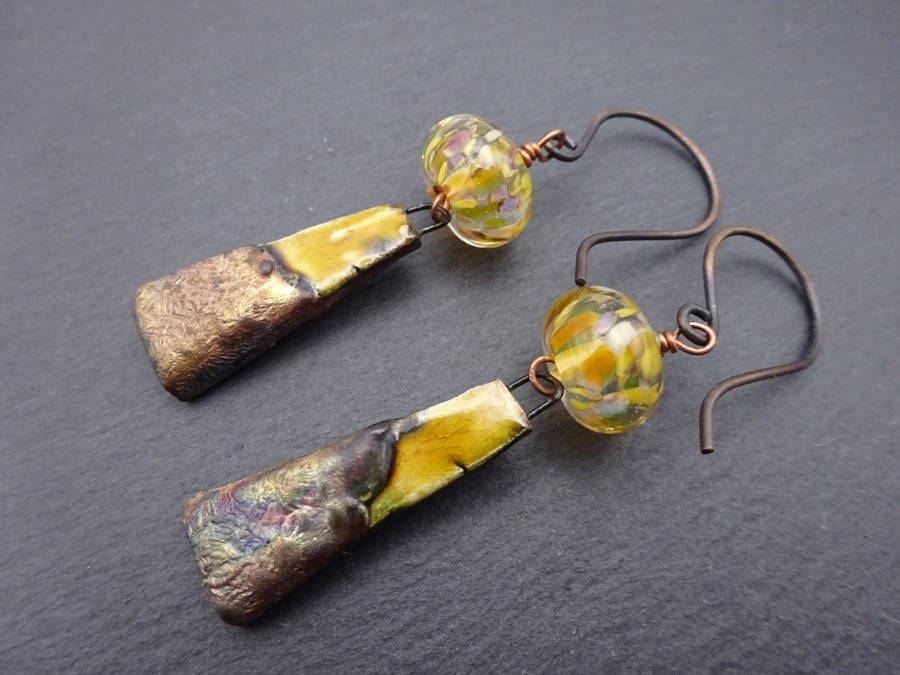 lampwork glass yellow earrings, ceramic and copper jewellery