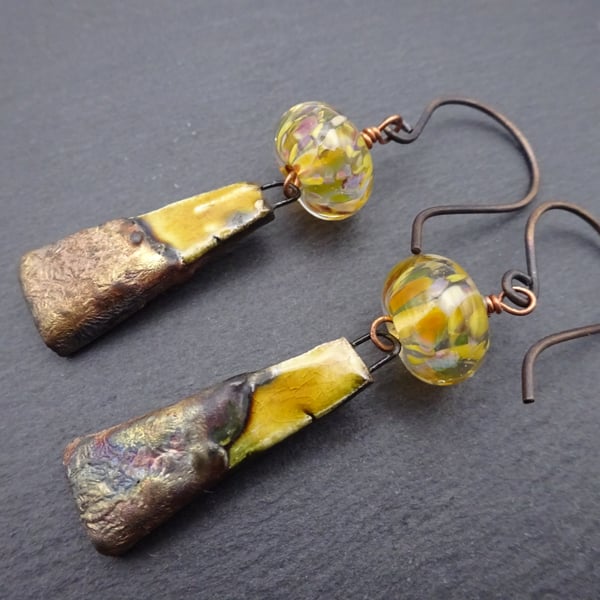 lampwork glass yellow earrings, ceramic and copper jewellery