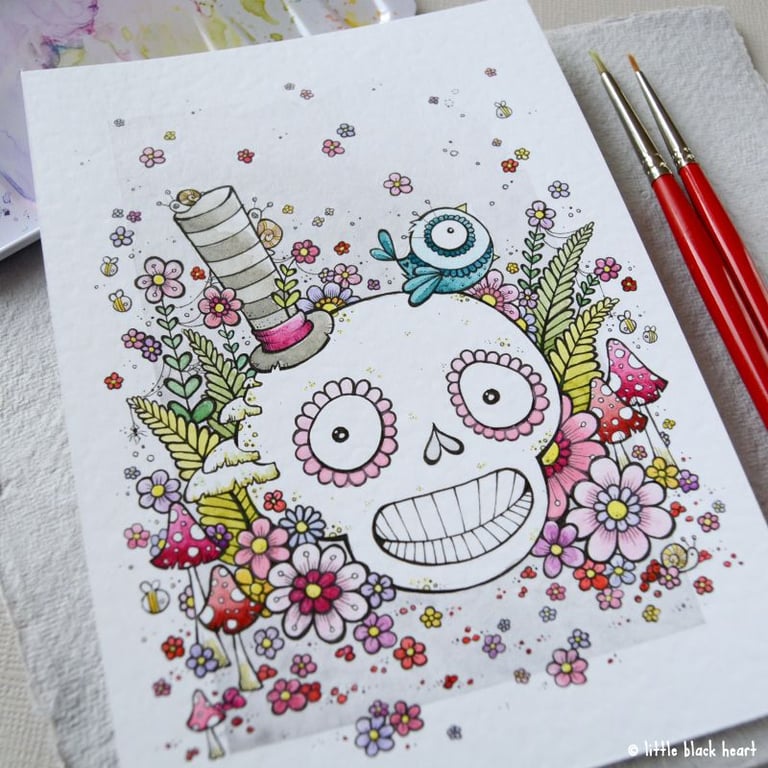 big woodland skull and chums - original illustration (A6)