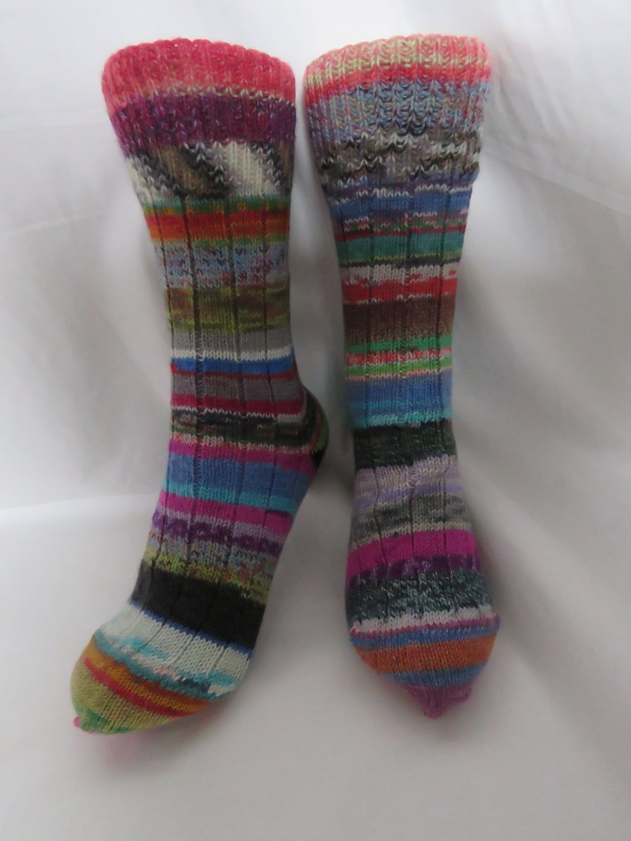 Hand-cranked Frankensox Knitted Ribbed Wool Socks Size 6 to 7