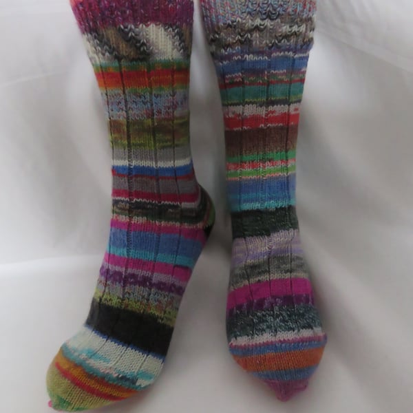 Hand-cranked Frankensox Knitted Ribbed Wool Socks Size 6 to 7