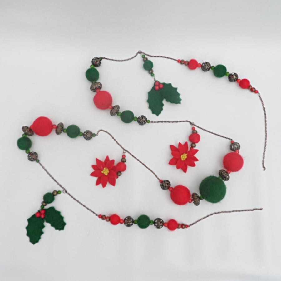 Christmas Garland, Felt and Bead, Holly and Poinsettia