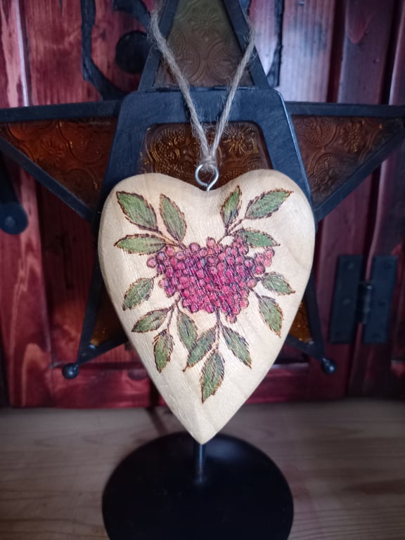 Pyrography wooden rowan heart decoration