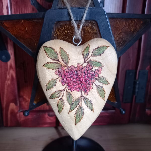 Pyrography wooden rowan heart decoration
