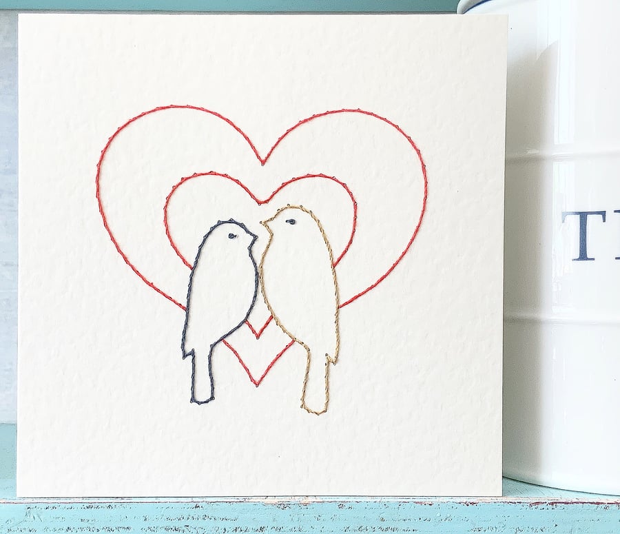Love Birds Card. Hand Sewn Card. Bird Card. Heart Card. Love Card. Romantic Card