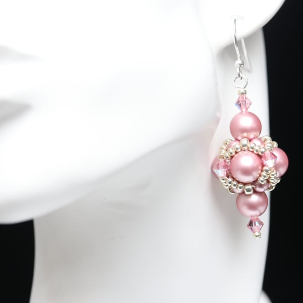 Pink Swarovski Pearl and Crystal Beaded Bead Earrings