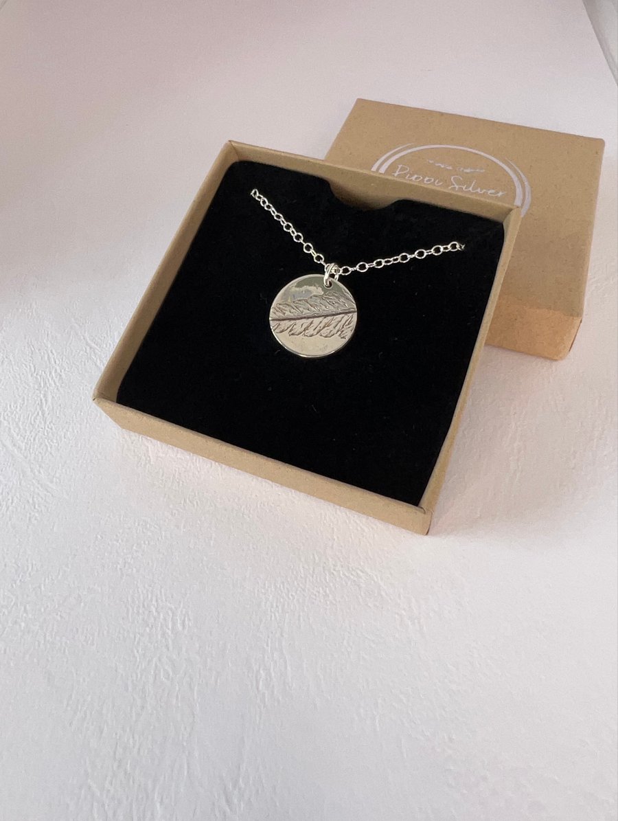 Silver fern leaf imprint pendant necklace