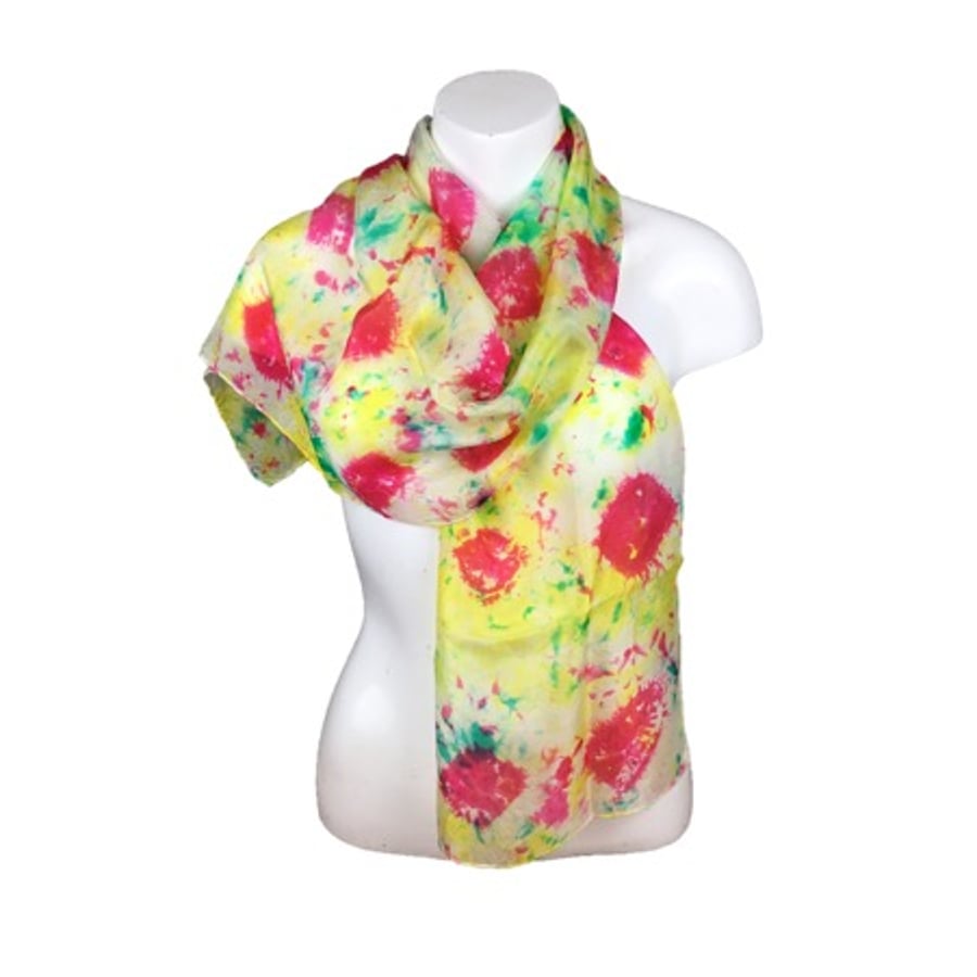 Hand dyed silk scarf in green, yellow and pink - SALE ITEM