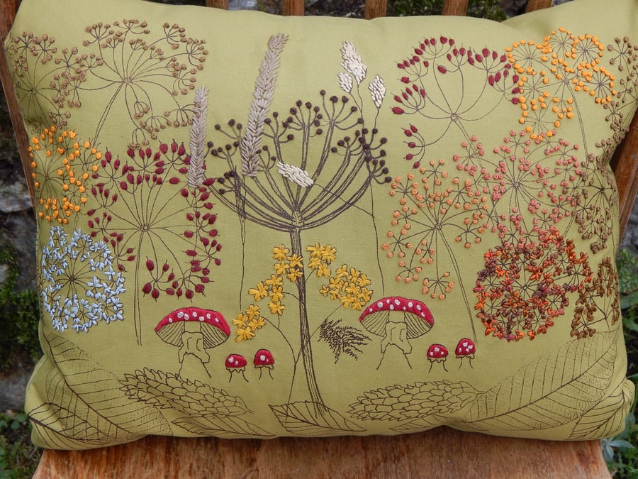 Autumnal cow parsley, hedgerow cushion - Screen printed with hand embroidery