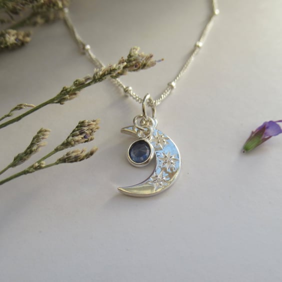 'Mystic Moon' sterling silver CZ moon and blue sapphire charm necklace