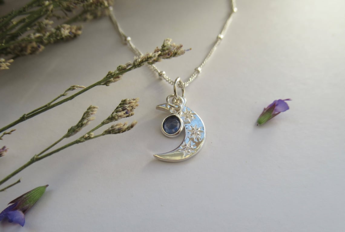 'Mystic Moon' sterling silver CZ moon and blue sapphire charm necklace