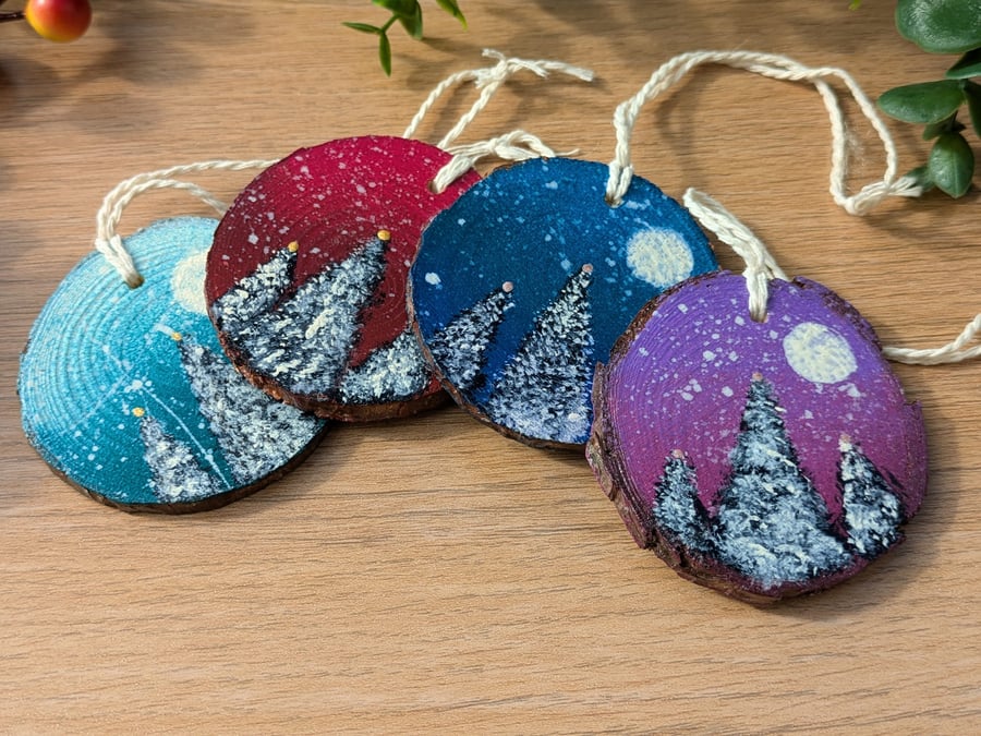 Double Sided Hand Painted Wood Slice Ornaments, Winter Trees in Various Colours!