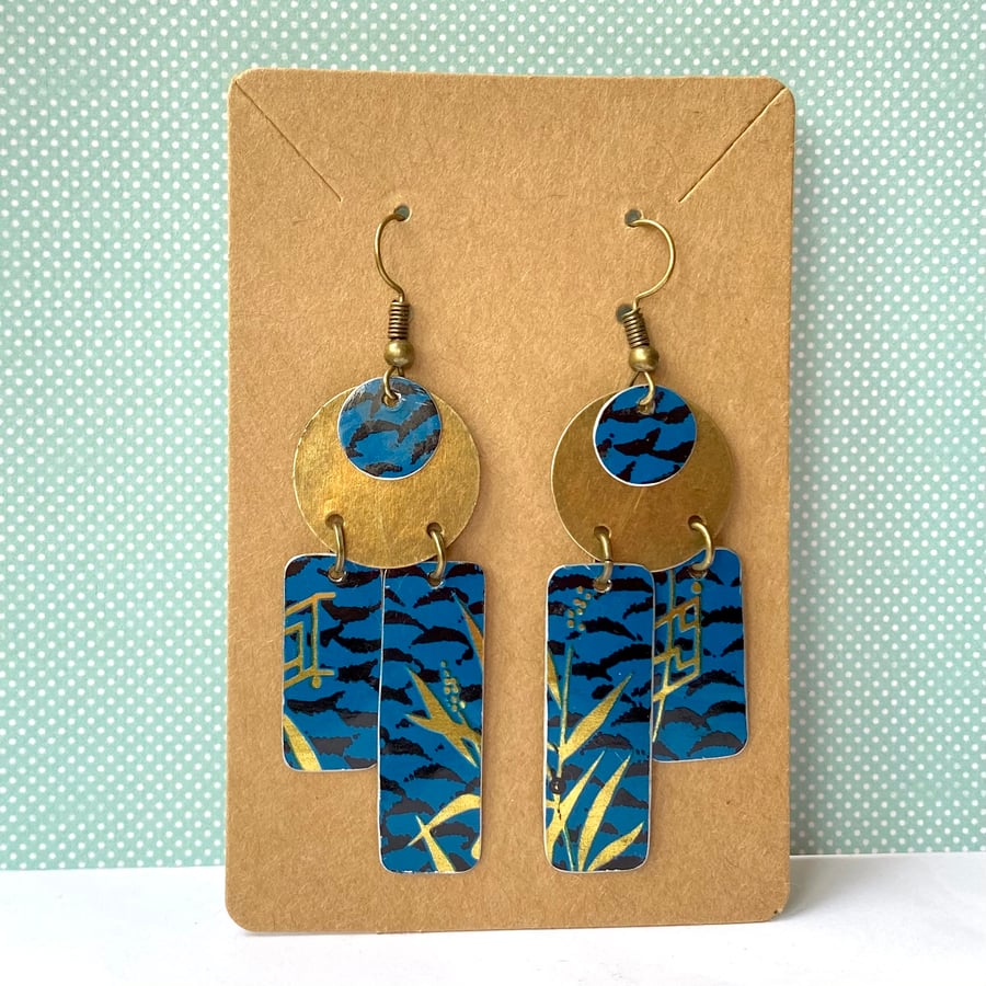 Recycled vintage tin oriental themed teal blue rectangle drop earrings