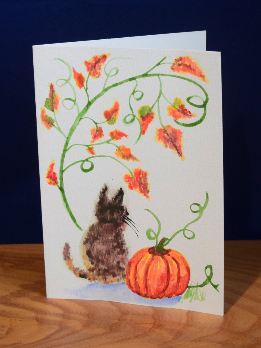 Cat with pumpkin - Watercolour, hand painted, greeting card A5