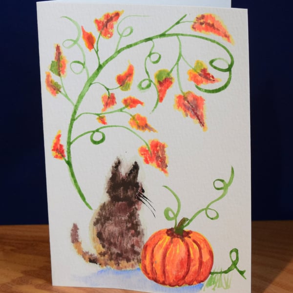 Cat with pumpkin - Watercolour, hand painted, greeting card A5