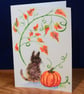 Cat with pumpkin - Watercolour, hand painted, greeting card A5