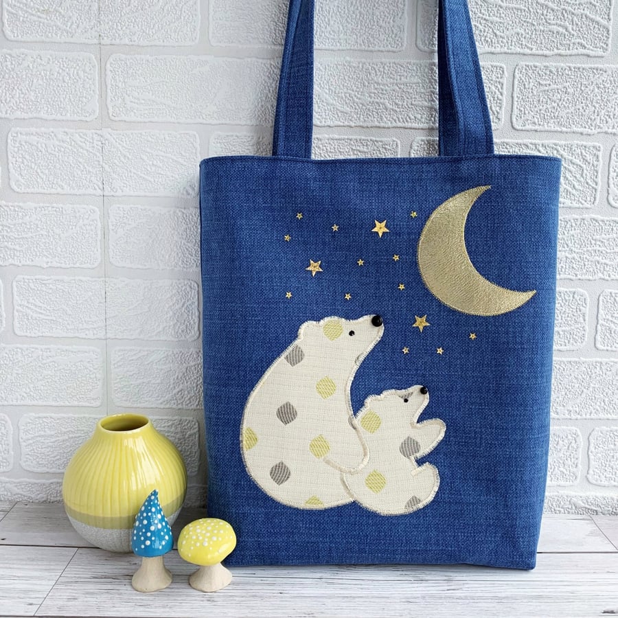 Polar Bears Tote Bag with Moon and Stars