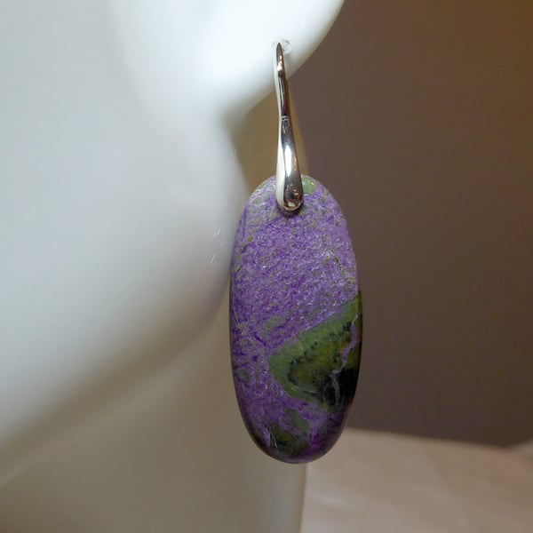 Pair of Sterling Silver & Stichtite Large Oval Gemstone Earrings