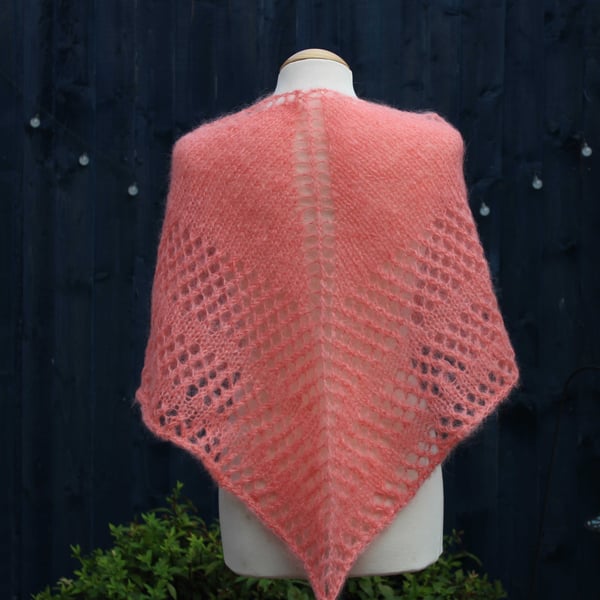 Triangular hand knit shawl in vintage Salmon coloured Mohair yarn - design A2