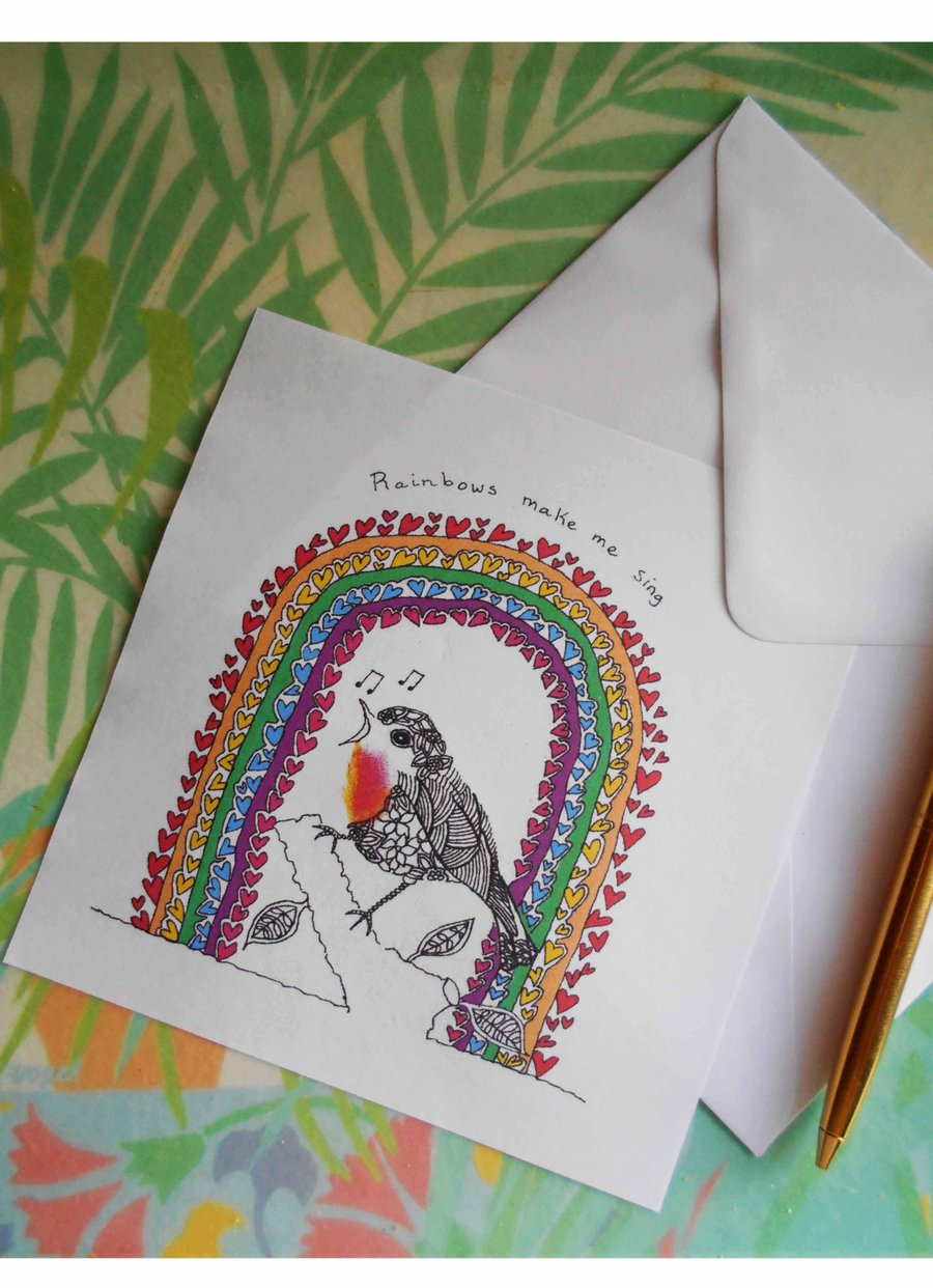 Handdrawn Robin and Rainbow Greetings Card