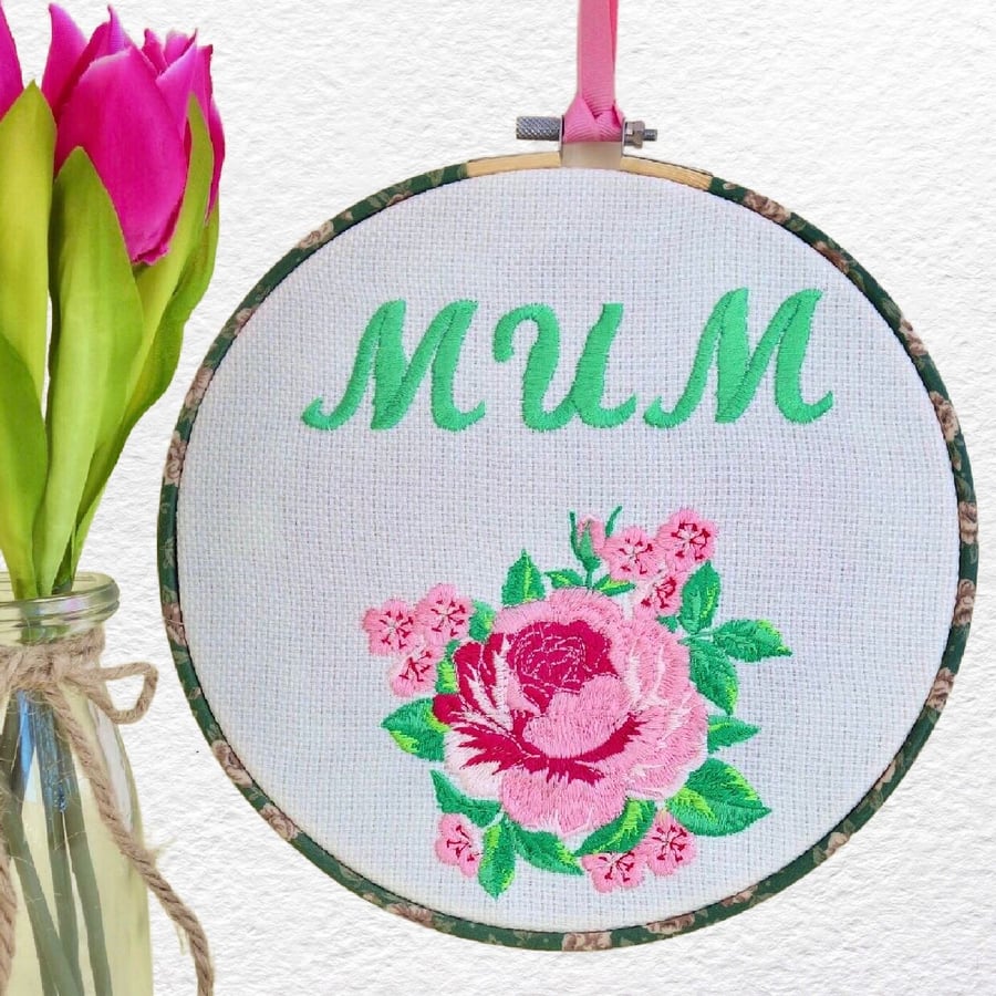 Mum & Rose Embroidery Hooped Decoration 20cm (8") ready to hang