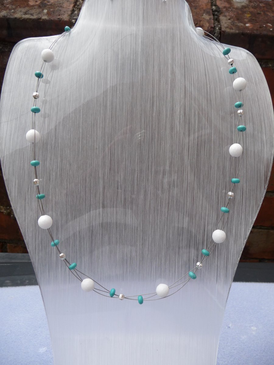 White Quatrz & Turquoise Blue Magnesite 3 Strand Weave Necklace
