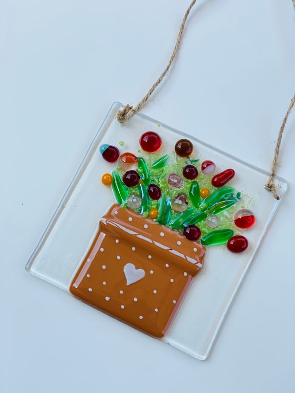 Fused glass flower pot hanging  decoration.
