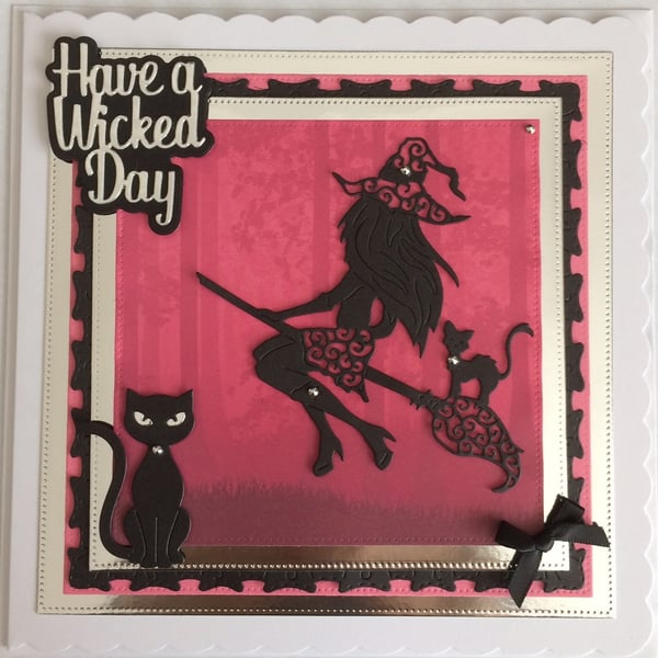 Pagan Halloween Card Have a Wicked Day Sexy Witch Cats 3D Luxury Pink 2