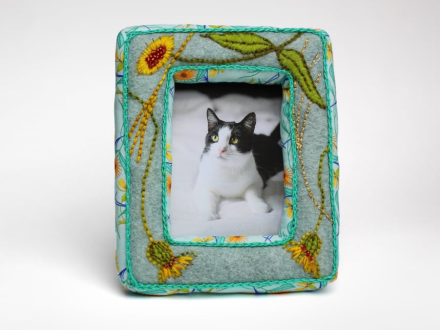 Aqua wool felt fabric picture frame with marigold flower embroidery