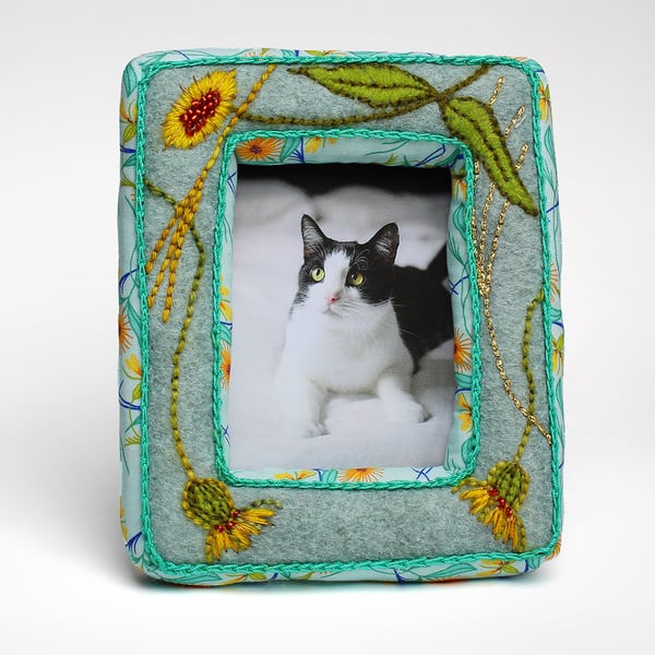 Aqua wool felt fabric picture frame with marigold flower embroidery