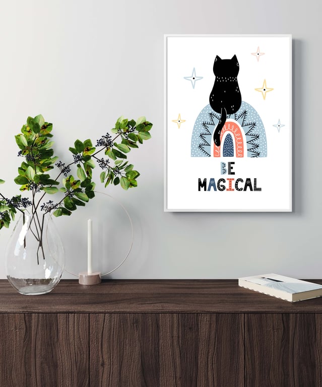 Cat on the rainbow print, gift for cat lovers, scandi art. cat print 4