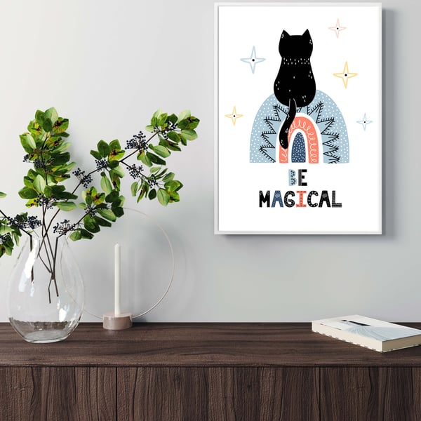 Cat on the rainbow print, gift for cat lovers, scandi art. cat print 4