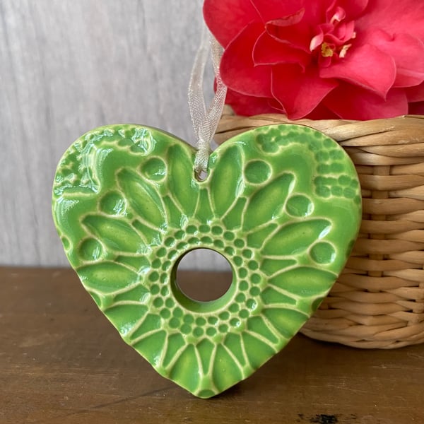 Small Pottery heart decoration green