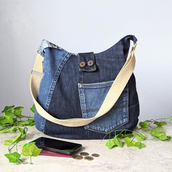 Denim Bag - Asymmetrical Denim Patchwork Hobo Cross Body Shoulder Bag