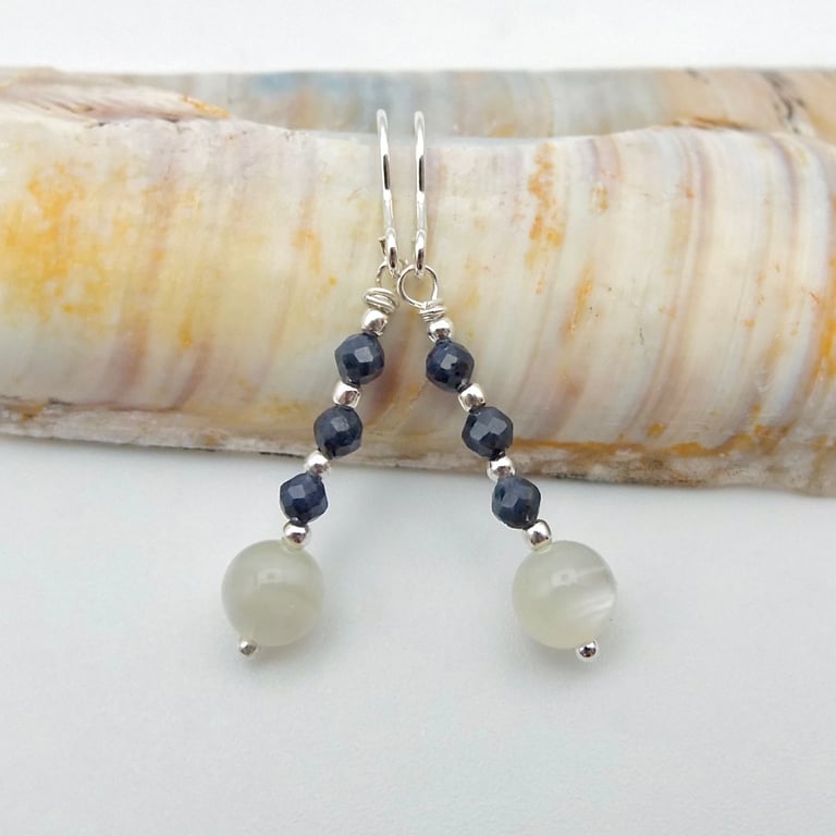 Real Sapphire, Moonstone & Silver Earrings, September Birthstone Gift For Her