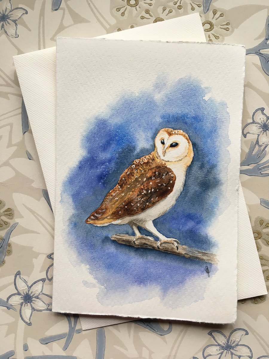 Hand painted greetings card barn owl