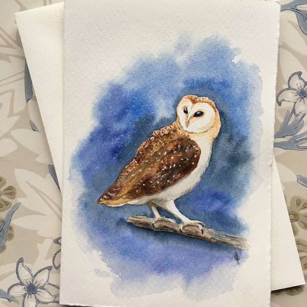 Hand painted greetings card barn owl