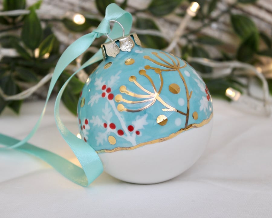 Winter wildflower ceramic Christmas bauble