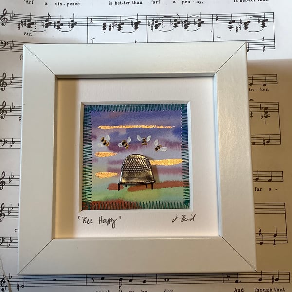 Bee Happy mixed media picture. Nature. Quirky. Recycled, vintage. Mother’s Day.