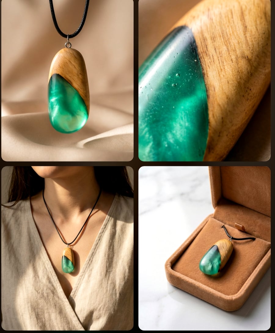 Unique oak and emerald green resin necklace 