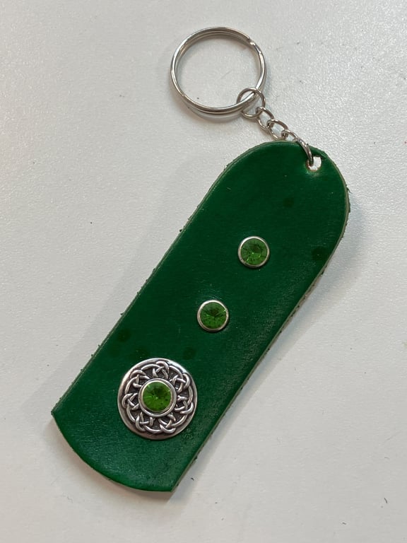Green dyed Leather Keyring on chain with 3 Green Gemstones & Celtic Design