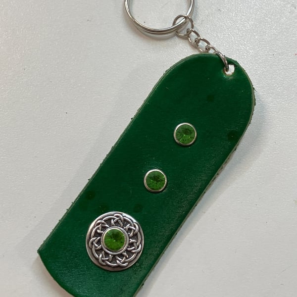 Green dyed Leather Keyring on chain with 3 Green Gemstones & Celtic Design