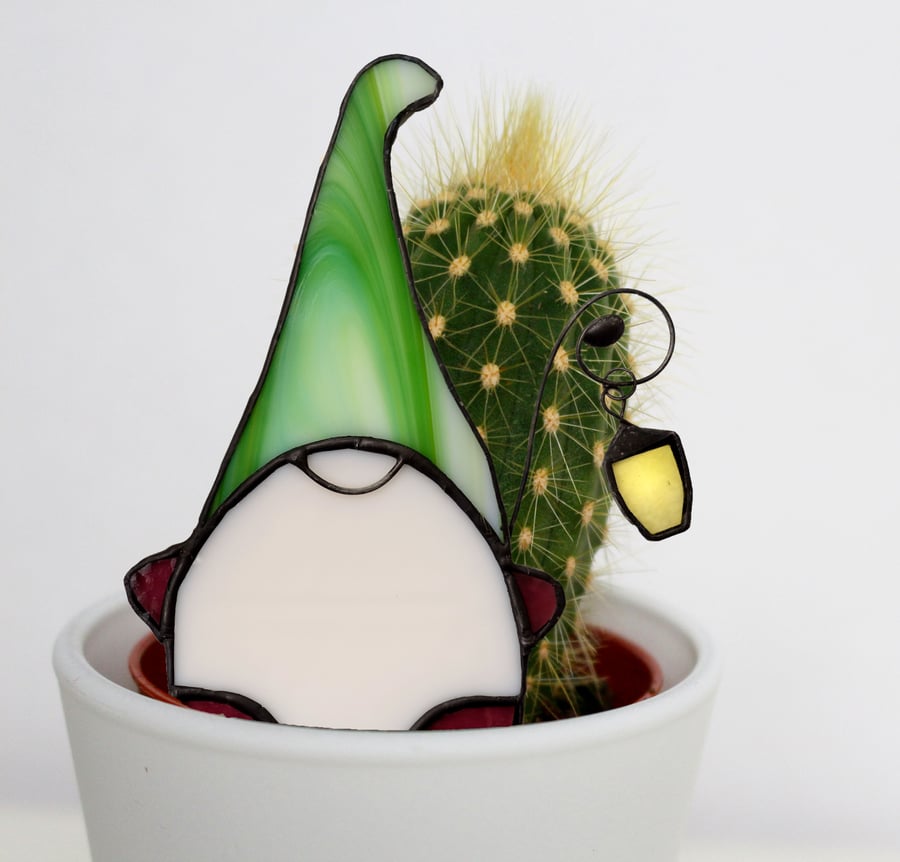 Pot Plant Gnome Stained Glass with hanging lantern